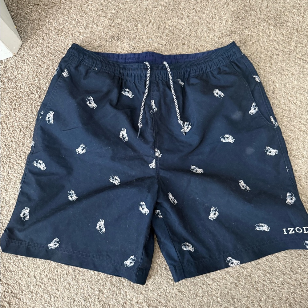 IZOD Men's Dark Blue Swim Trunks with White Lobster 🦞 Print 8” inseam Medium